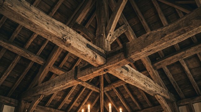 Rustic wooden ceiling structure with heavy exposed oak beams in a traditional timber frame house interior showcasing natural wood textures and craftsmanship in a warm dimly lit historic farm