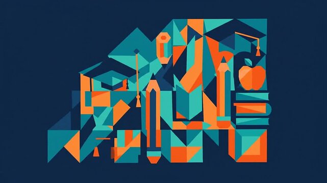 Abstract geometric educational motion graphic with shifting shapes of books and graduation caps