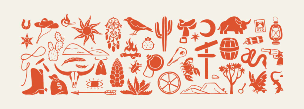 Western American linocut set. Boho elements of wild west. Stamps of Western deserts and Texas. Silhouettes of skulls, cactus, horseshoes, cowboy hats and boots. Boho icons and vintage labels of west