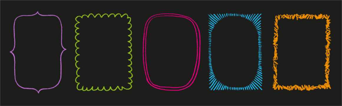 Colorful hand drawn chalk frames set. Neon doodle sketch borders with bracket, scalloped, dashed and scribble shapes on black background vector.