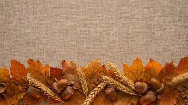 Autumn harvest border with leaves and wheat on burlap background