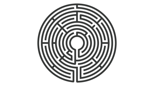 Circular maze vector graphic illustration featuring intricate black lines forming complex puzzle pathways