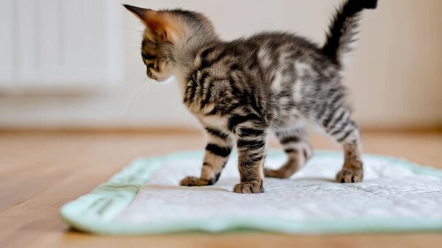 Curious tabby kitten learning to use a training pad indoors, young cat house training and pet hygiene concept