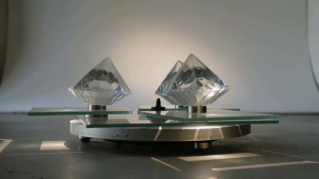 Rotating motor turntable moving three prisms casting shifting light patterns in studio spot halo