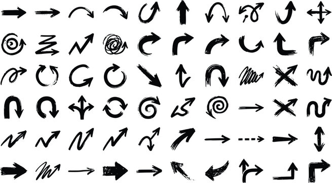 Hand drawn arrows vector set, black sketchy doodle pointer symbols, grunge ink brush arrows for design