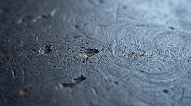 Dark rough scratched metal surface texture with circular grinder marks and small rust pits