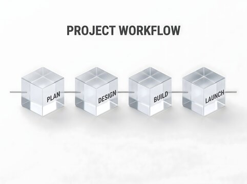 Project workflow concept showing four glass cubes labeled plan design build and launch connected by metallic rods on light gray background.