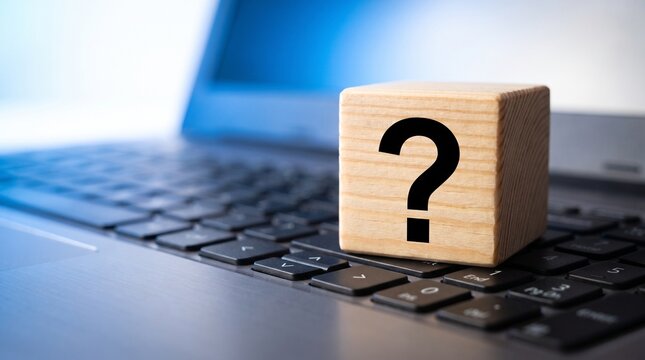 Laptop technical support and online help concept with question mark on wooden cube