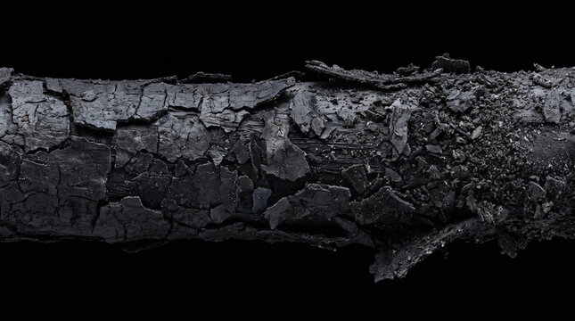 Macro texture of heavily charred burnt wood log with deep cracks and crumbling charcoal ash isolated on black background