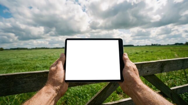 Hands holding a blank tablet with a scenic landscape in the background