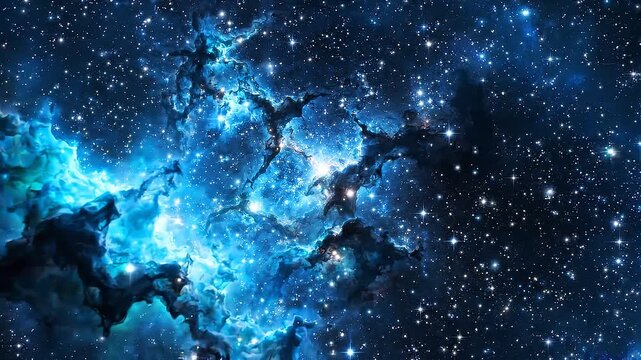 Deep space nebula with glowing blue stars and cosmic dust clouds in infinite galaxy