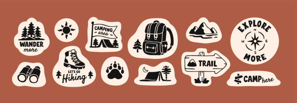 Outdoor adventure badges set. Hiking patches. Design of seal stamps for trekking. Labels with backpack, binoculars, camping tent. Travel to nature. Flat isolated outline vector illustrations