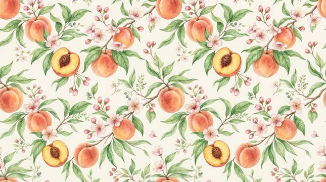 Seamless watercolor pattern with ripe peaches and green leafy branches