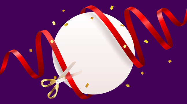 Grand opening ceremony with red ribbon and golden scissors on a vibrant background.