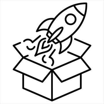 Rocket launching from an open cardboard box represents rapid business growth and product innovation.