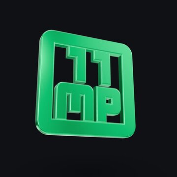 Four identical neon green square logos with cutout lettering spelling 11mp float and rotate in a 2x2 grid pattern against a dark background, showcasing clean 3D motion graphics loop in production