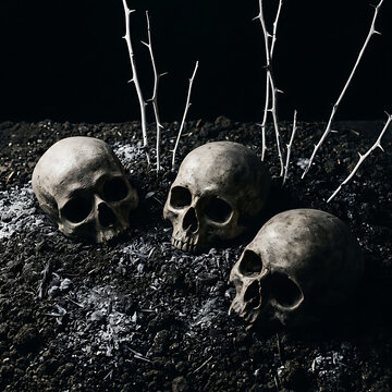 Three Human Skulls Buried in Dark Soil with Thorny Branches on Black Background