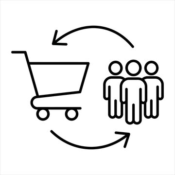 Shopping cart icon paired with a group of people suggests a consumer marketing exchange and retail customer engagement.