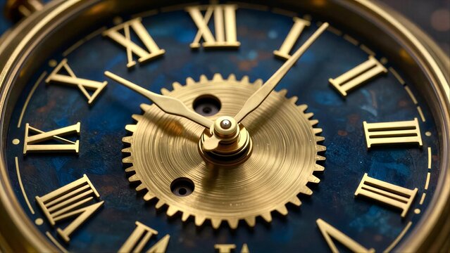 Antique clock with golden Roman numerals and a swirling blue background.