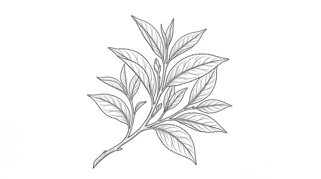 Minimalist Line Art Illustration of Fresh Green Tea Leaves on a Branch
