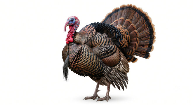 wild turkey bird on white background, standing male poultry livestock cutout, colorful feathered gamebird avian photography, rustic farm animal wildlife element, thanksgiving holiday bronze turkey ass