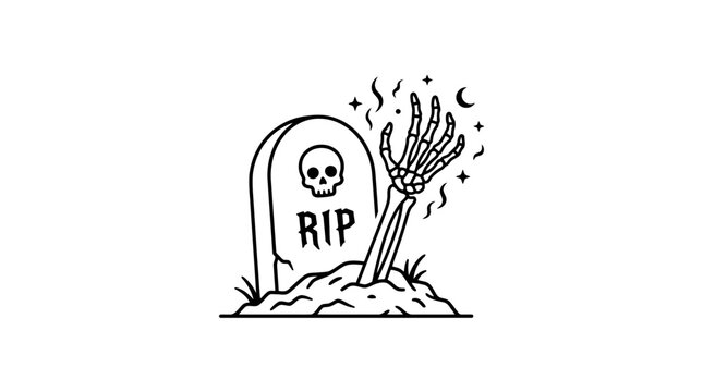 Minimalist black line art illustration featuring a tombstone with RIP text and skull icon, with a skeletal hand rising from a grave mound surrounded by stars and a crescent moon graphic.