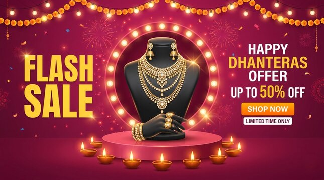Happy Dhanteras Flash Sale Banner with Luxury Gold Jewelry Set and Hand Mannequin