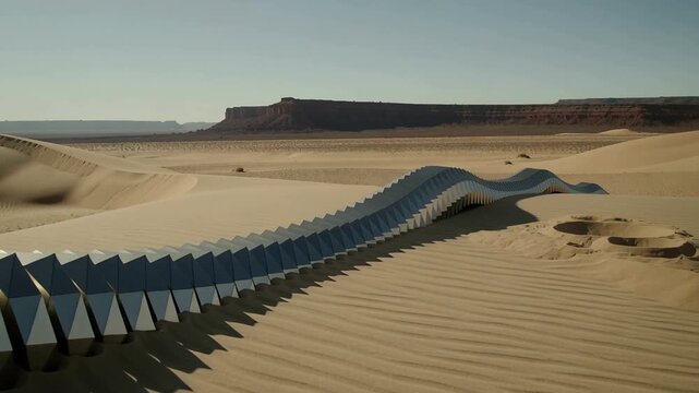 Jerking segment starting waving metal segments moving across dunes toward mesa casting shadows