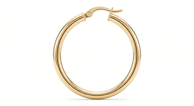 gold hoop earring isolated on white background, classic circular yellow gold jewelry, elegant round metallic women accessory, luxury fine golden earring cutout, modern stylish fashion jewelry asset, p