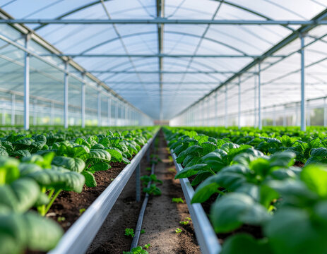 vibrant green vegetable plants cultivating along raised garden beds inside a modern commercial glasshouse greenhouse structure