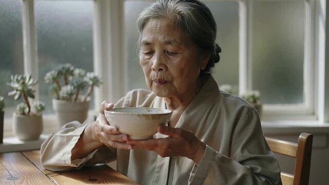 Lifting senior woman wearing robe top steadying ceramic bowl at home dining table, preparing to sip