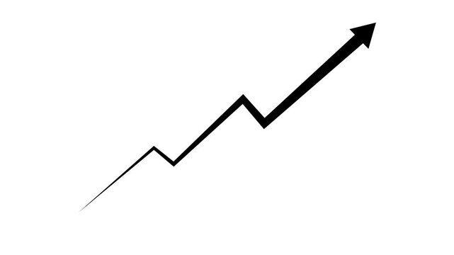 black hand-drawn brush stroke arrow isolated bullish trend arrow climbing up in increments on a white background.