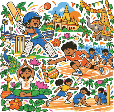 India traditional sports illustration set, cricket kabaddi yoga clipart collection