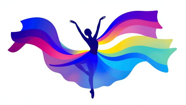 A dancer in silhouette, flowing rainbow colors swirl around her gracefully.