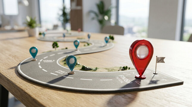 Interactive Route Map with Location Pins on Office Desk - Business Journey Concept