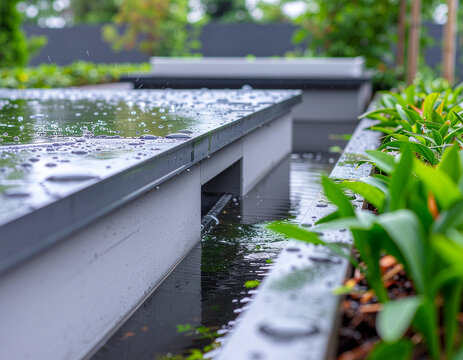 contemporary rooftop drainage channel and water retention feature with raindrops falling on wet surfaces beside lush garden plants
