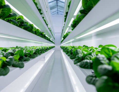 symmetrical perspective view of fresh leafy greens cultivated on multi-tier vertical farming shelves equipped with artificial led grow lighting in a sterile smart agriculture facility