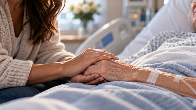 Woman holding the hand of an elderly patient receiving IV treatment in a hospital bed, compassionate support, caregiving and healthcare concept