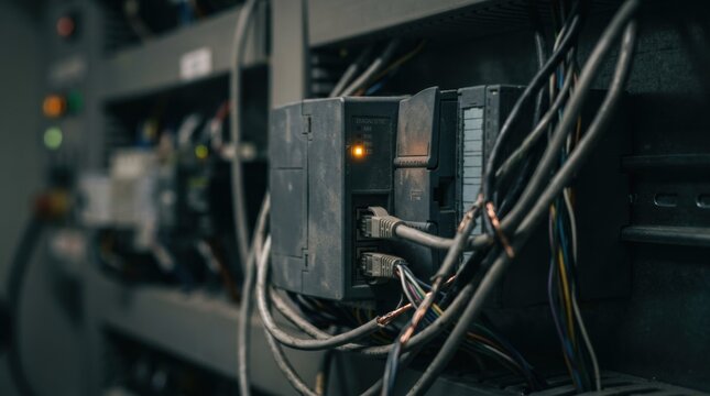 Closeup CONCEPT OF industrial control system intrusion, a programmable logic controller module with an amber warning LED glowing amid tangled ethernet cables on a control panel, no people, defocused