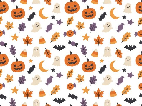 Cute halloween seamless pattern with pumpkins ghosts and autumn leaves isolated on white background