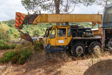 Old yellow truck-mounted mobile crane abandoned beneath trees and surrounded by vegetation. Telescopic boom, lifting hook and weathered chassis illustrate heavy lifting equipment, construction machine © Volha