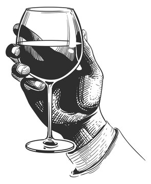 Wineglass in male hand engraving. Wine drinking sketch