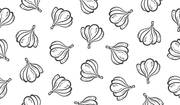 Garlic hand drawn pattern. Onion doodle background. Herb ingredient doodle pattern. Spice food line art pattern background. Seamless pattern of healthy food with spice seasoning.