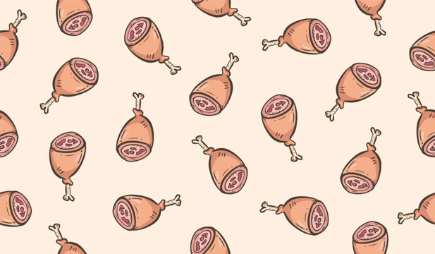 Meat hand drawn pattern. Raw meat doodle background. Barbecue meal doodle pattern. Grill food line art pattern background. Seamless pattern of healthy food with beef slices.
