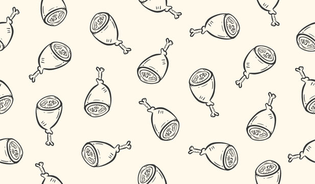 Meat hand drawn pattern. Raw meat doodle background. Barbecue meal doodle pattern. Grill food line art pattern background. Seamless pattern of healthy food with beef slices.