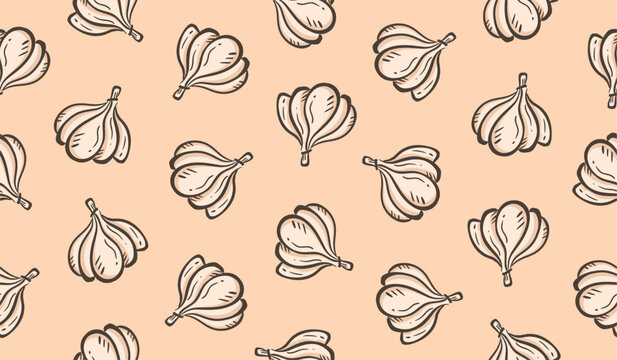 Garlic hand drawn pattern. Onion doodle background. Herb ingredient doodle pattern. Spice food line art pattern background. Seamless pattern of healthy food with spice seasoning.