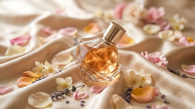 Glass perfume bottle with orange liquid and scattered flower petals on a wooden tray. personalized perfume vial