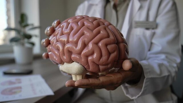 Lifting life-size brain model, clinician in lab coat name badge explaining anatomy at clinic desk