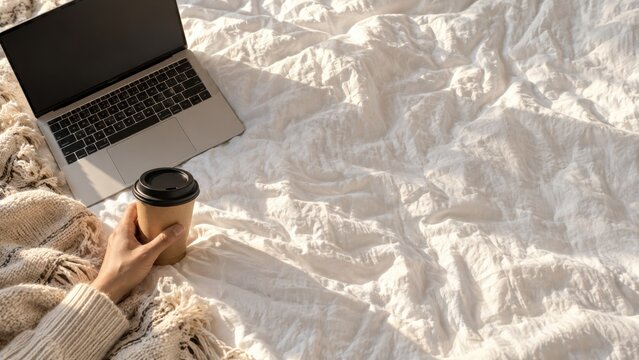 Hand holding disposable coffee cup on cozy textured blanket with laptop computer on bed