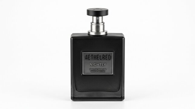 Black glass perfume bottle isolated on a white background